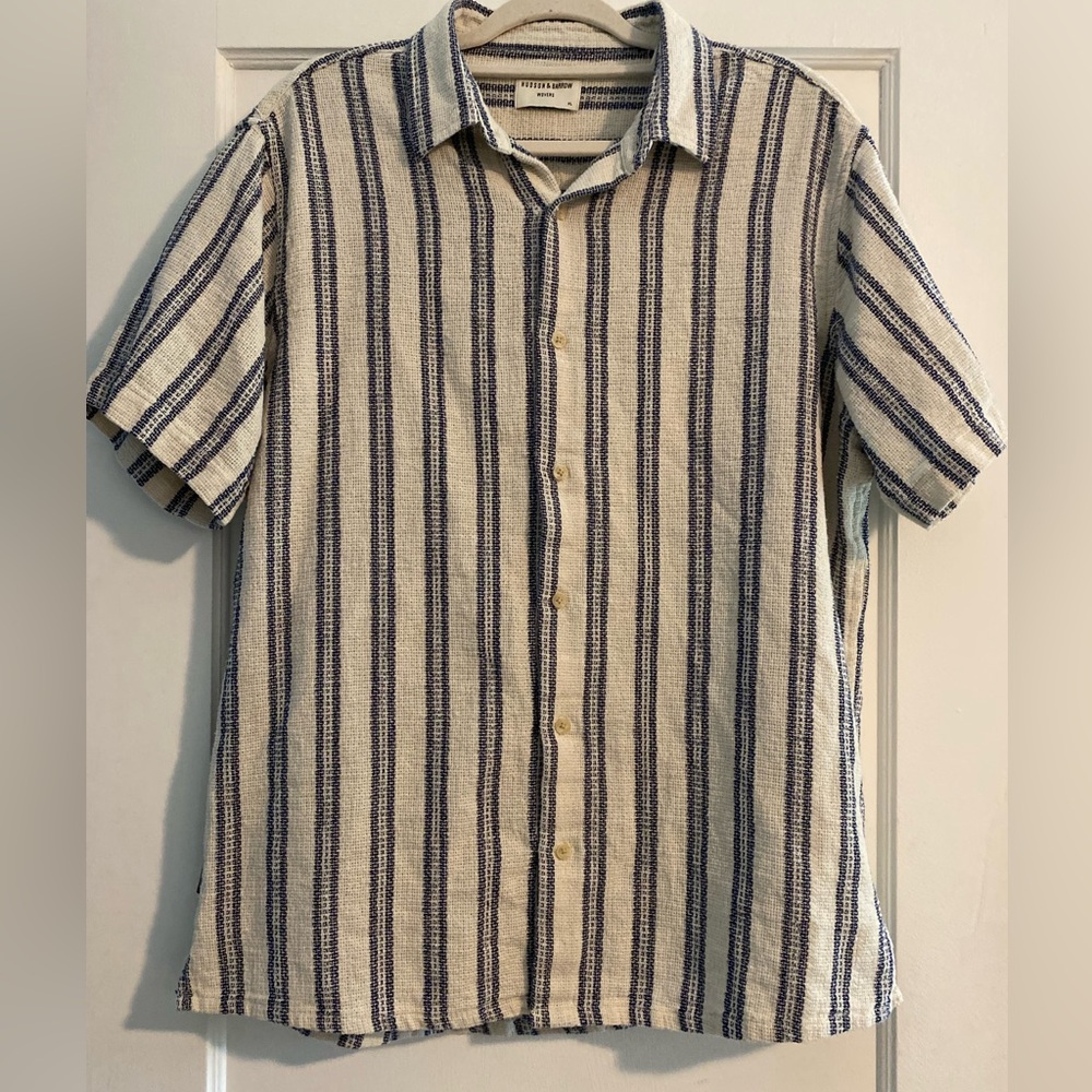 Hudson Barrow Cotton Striped Woven Short Sleeve Vacation Shirt Blue Cream XL